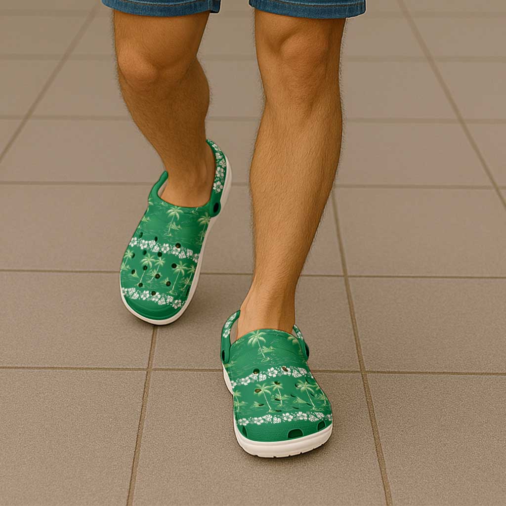 Green Hawaii Palm Tree Hibiscus Clogs Shoes Fantasy Summer Vibe