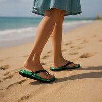 Green Hawaii Palm Tree Hibiscus Flip Flops Fantasy Summer Vibe