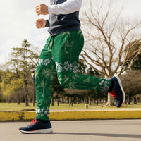 Green Hawaii Palm Tree Hibiscus Jogger Pants Fantasy Summer Vibe