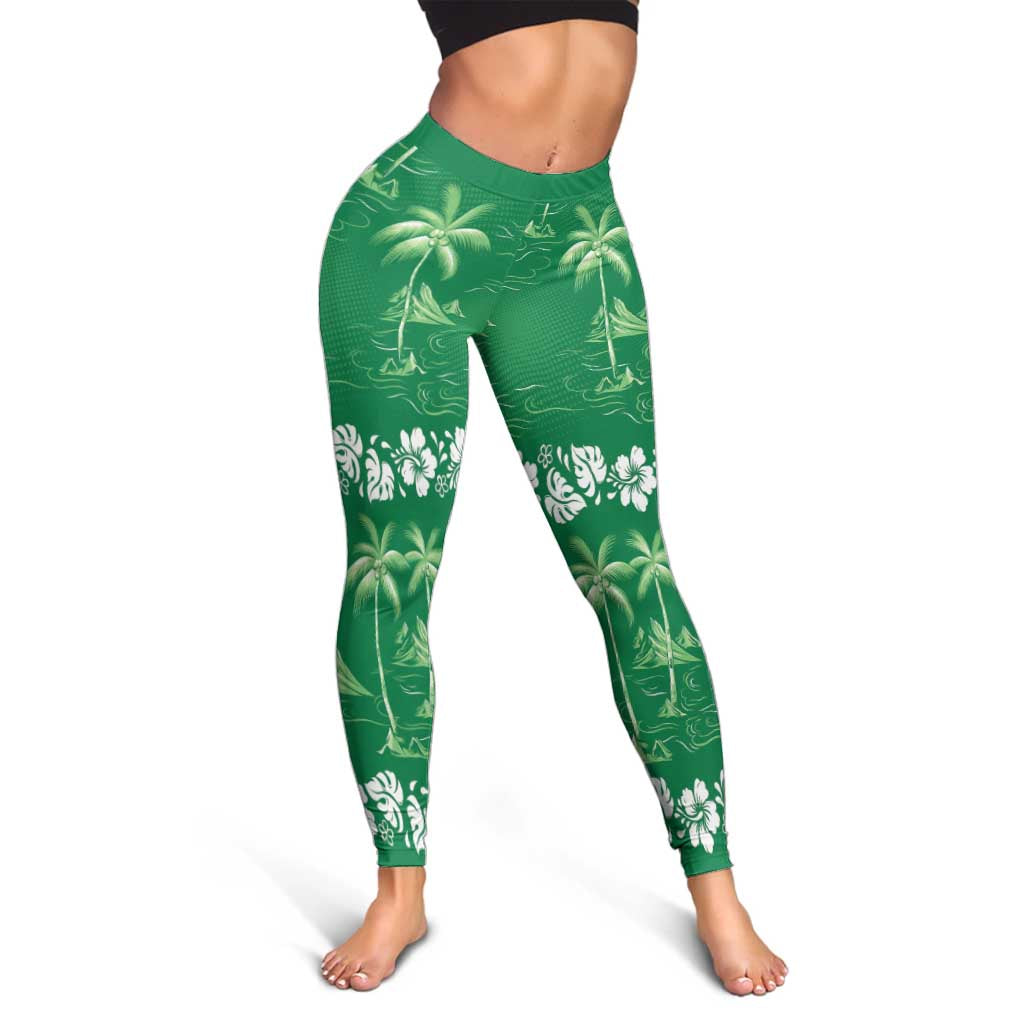 Green Hawaii Palm Tree Hibiscus Leggings Fantasy Summer Vibe