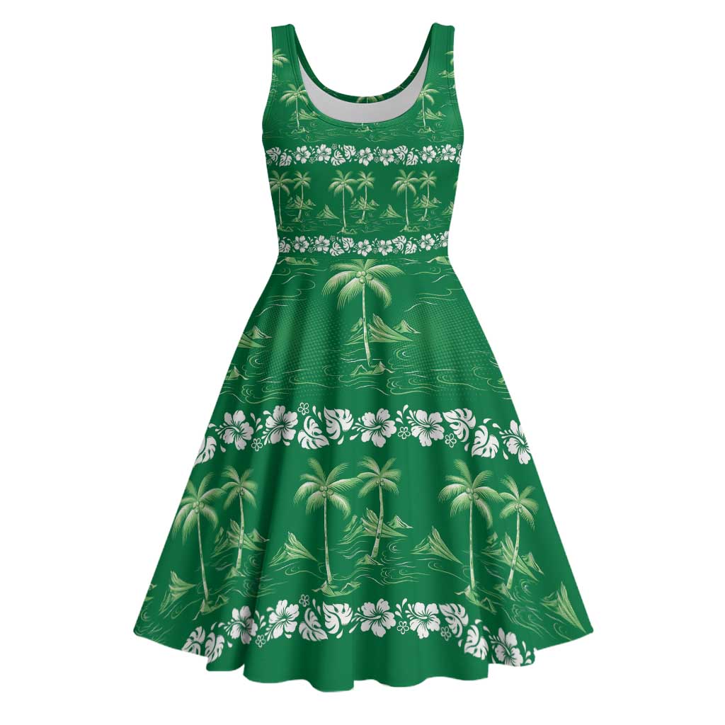 Green Hawaii Palm Tree Hibiscus Midi Dress Fantasy Summer Vibe