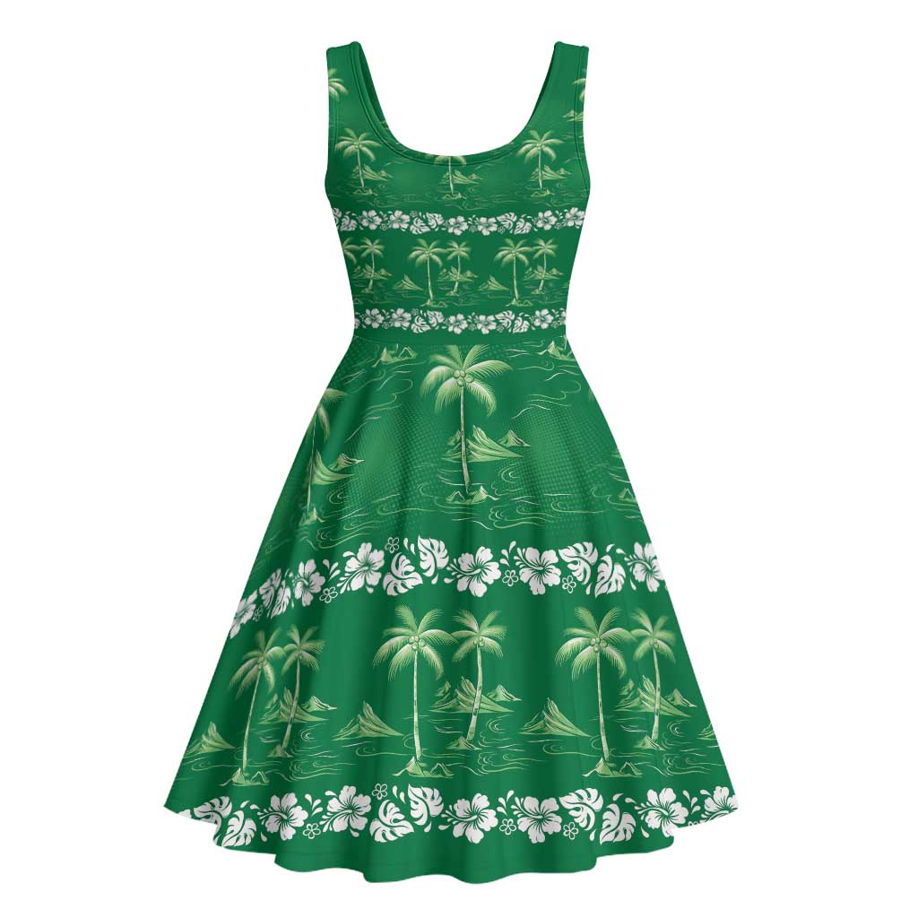 Green Hawaii Palm Tree Hibiscus Midi Dress Fantasy Summer Vibe