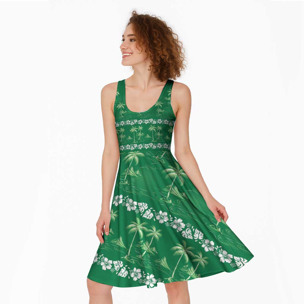 Green Hawaii Palm Tree Hibiscus Midi Dress Fantasy Summer Vibe