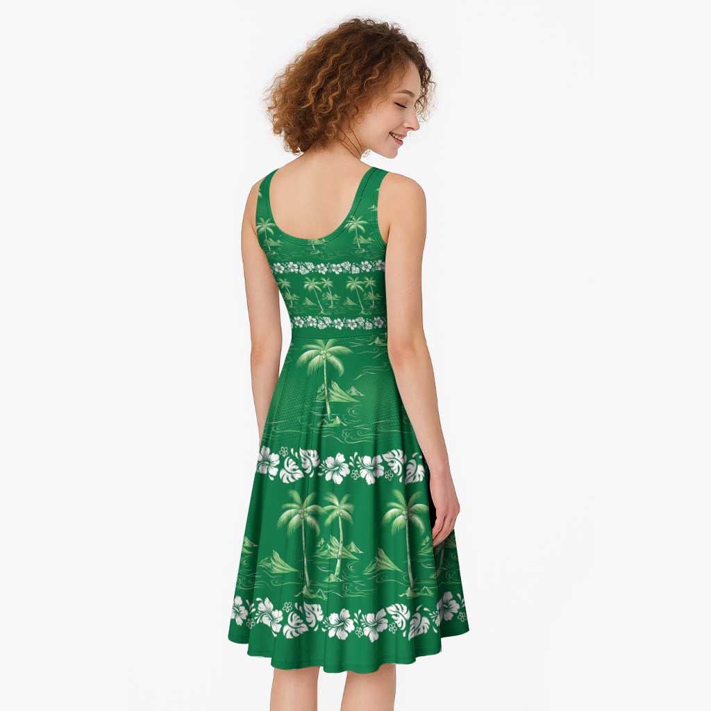 Green Hawaii Palm Tree Hibiscus Midi Dress Fantasy Summer Vibe