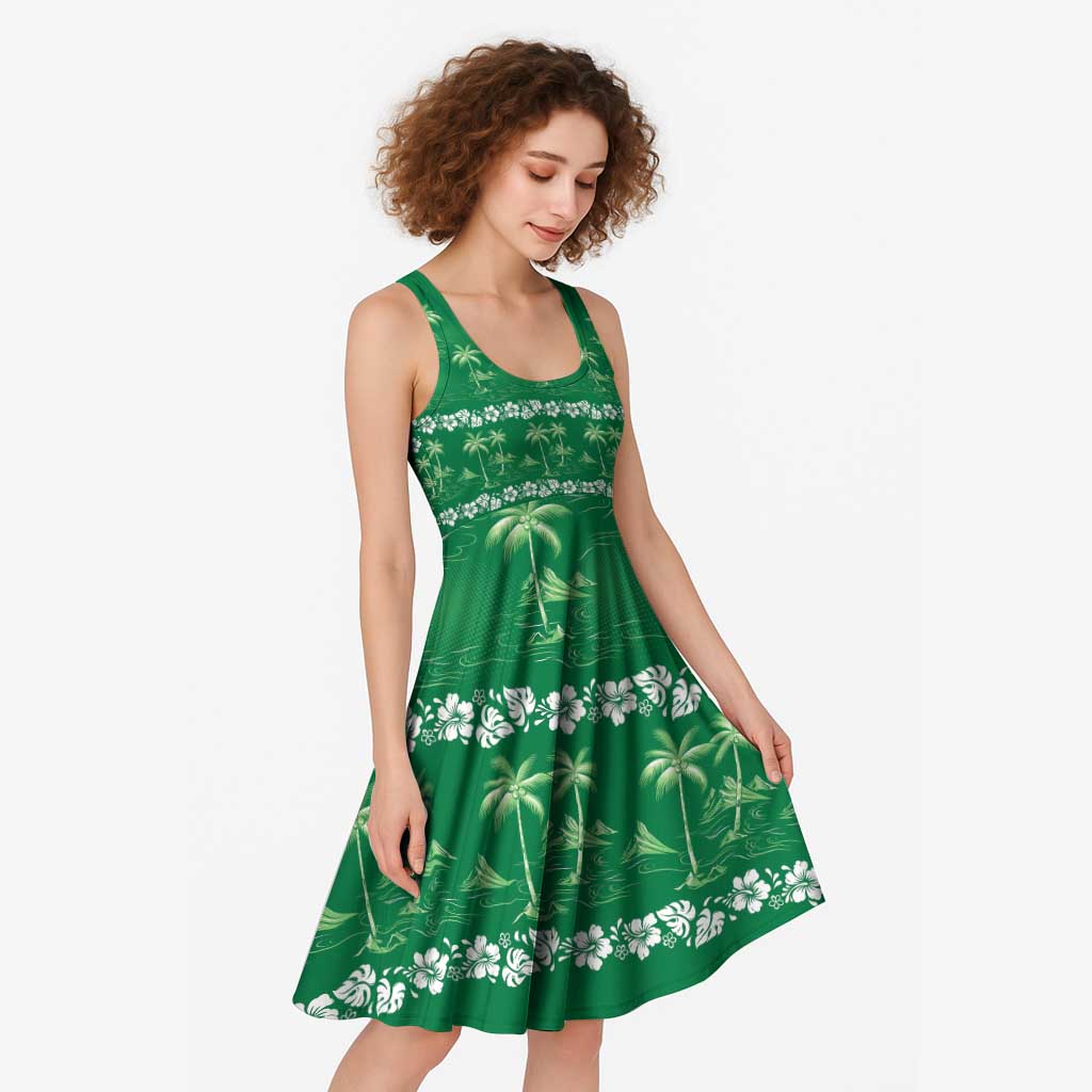 Green Hawaii Palm Tree Hibiscus Midi Dress Fantasy Summer Vibe
