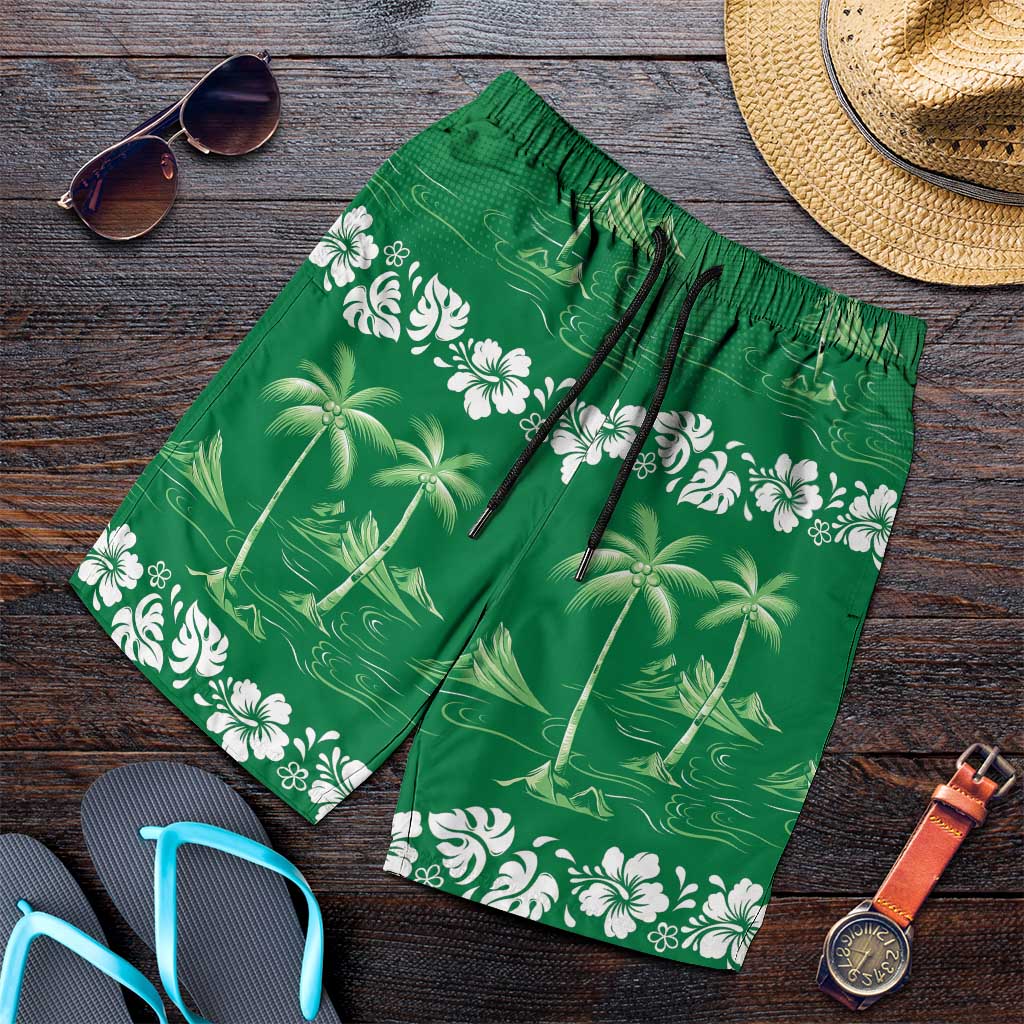 Green Hawaii Palm Tree Hibiscus Shorts for Men Fantasy Summer Vibe