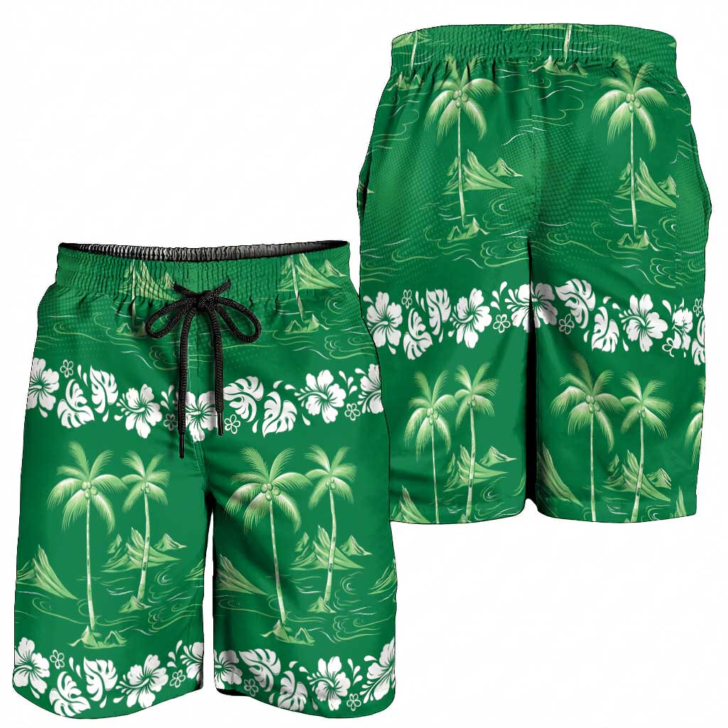 Green Hawaii Palm Tree Hibiscus Shorts for Men Fantasy Summer Vibe