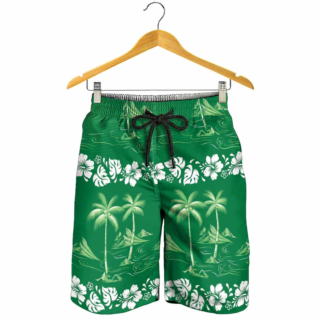 Green Hawaii Palm Tree Hibiscus Shorts for Men Fantasy Summer Vibe