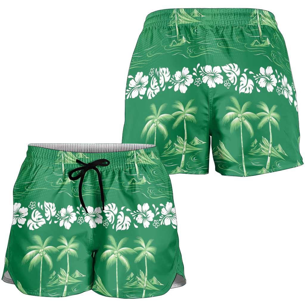 Green Hawaii Palm Tree Hibiscus Shorts for Women Fantasy Summer Vibe