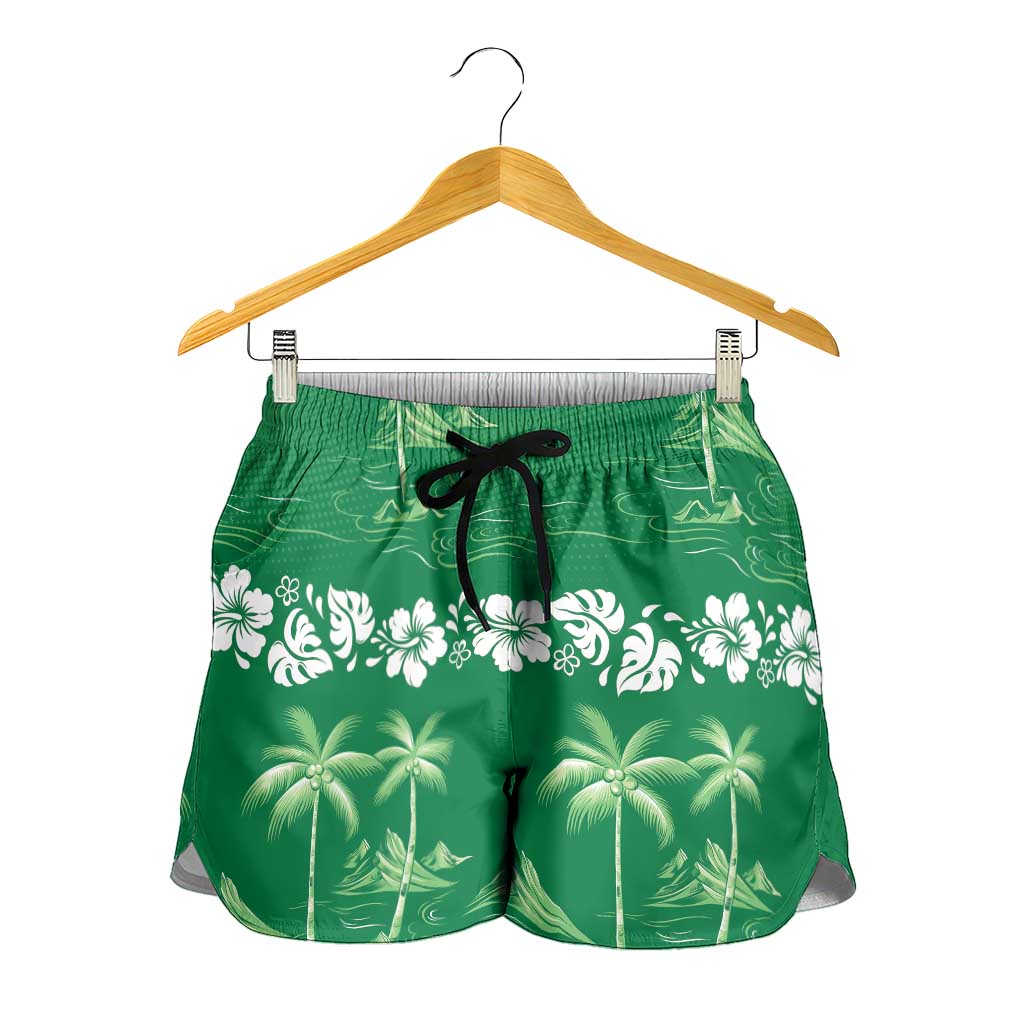 Green Hawaii Palm Tree Hibiscus Shorts for Women Fantasy Summer Vibe