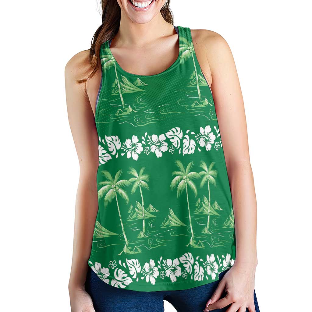 Green Hawaii Palm Tree Hibiscus Women Racerback Tank Fantasy Summer Vibe