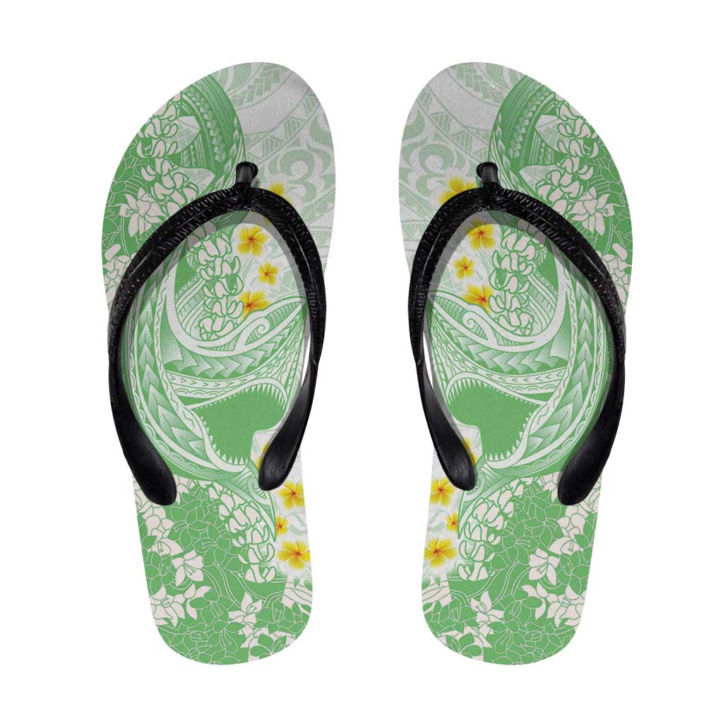 Green Hawaii Shark Tattoo Flip Flops Puakenikeni Lei Plumeria Polynesian Pattern