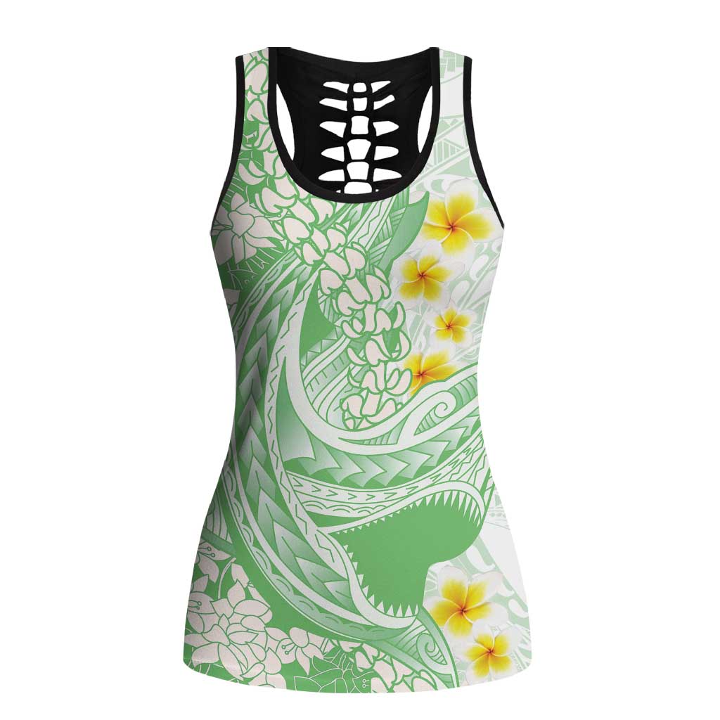Green Hawaii Shark Tattoo Hollow Tank Top Puakenikeni Lei Plumeria Polynesian Pattern LT14 Female Green - Polynesian Pride