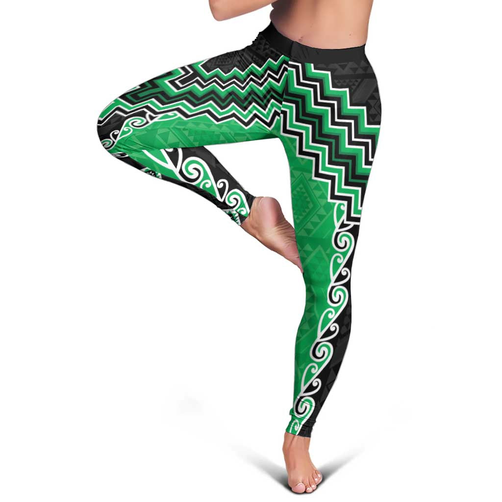 Green Niho Taniwha Mix Poutama Leggings Unique Taniko Aotearoa LT01 - Polynesian Pride