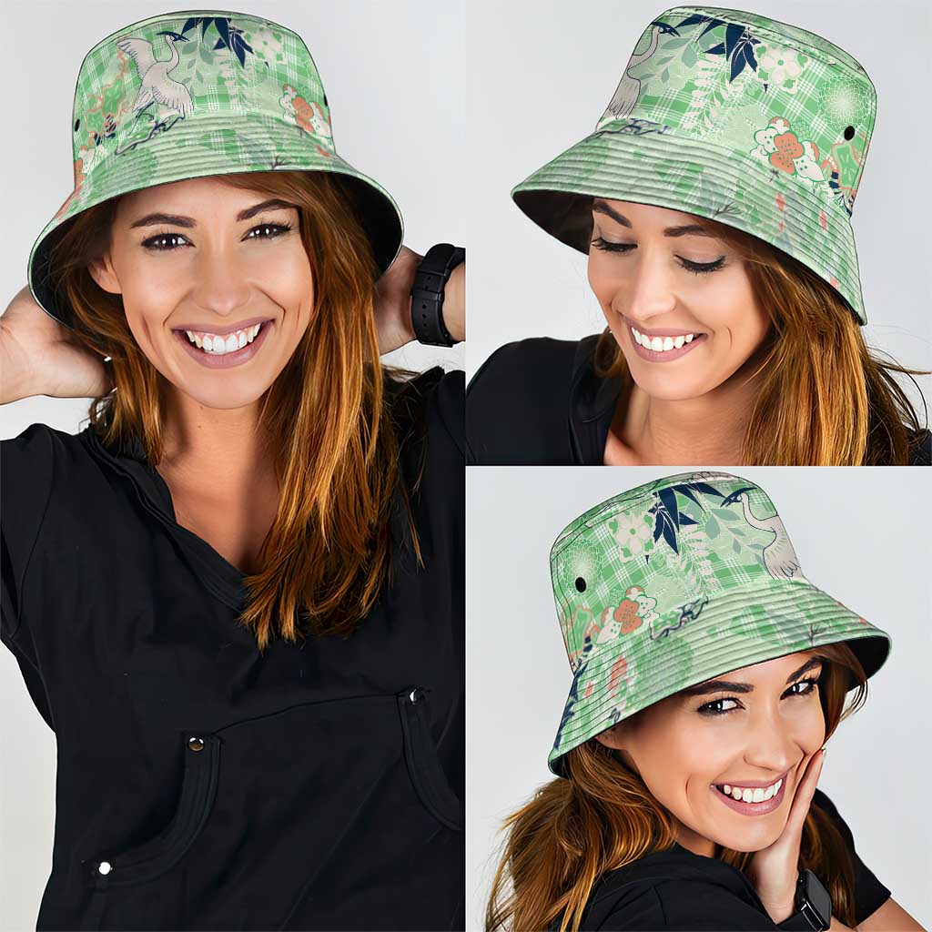 Green Palaka Crane and Flowers Bucket Hat Japan Heritage Spirit - Polynesian Pride