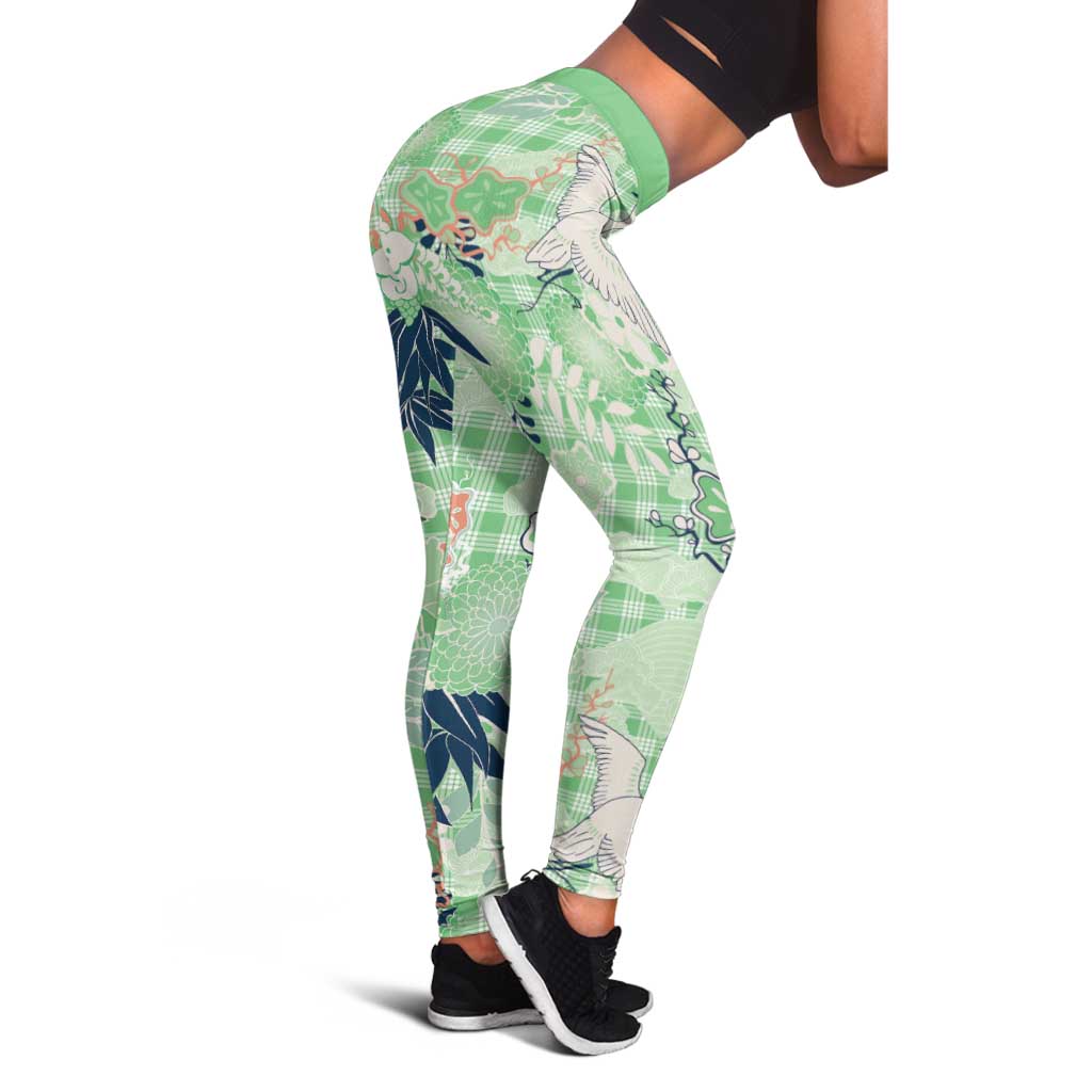 Green Palaka Crane and Flowers Leggings Japan Heritage Spirit - Polynesian Pride