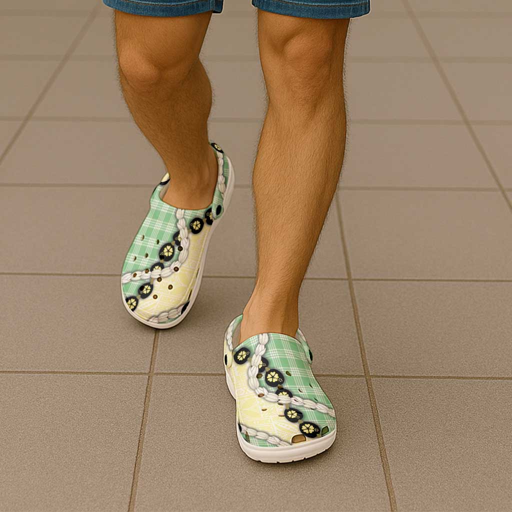 Green Palaka Hawaii Clogs Shoes Kukui Nut Pikake Lei Hawaiian Tapa Pattern - Polynesian Pride