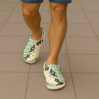 Green Palaka Hawaii Clogs Shoes Kukui Nut Pikake Lei Hawaiian Tapa Pattern - Polynesian Pride