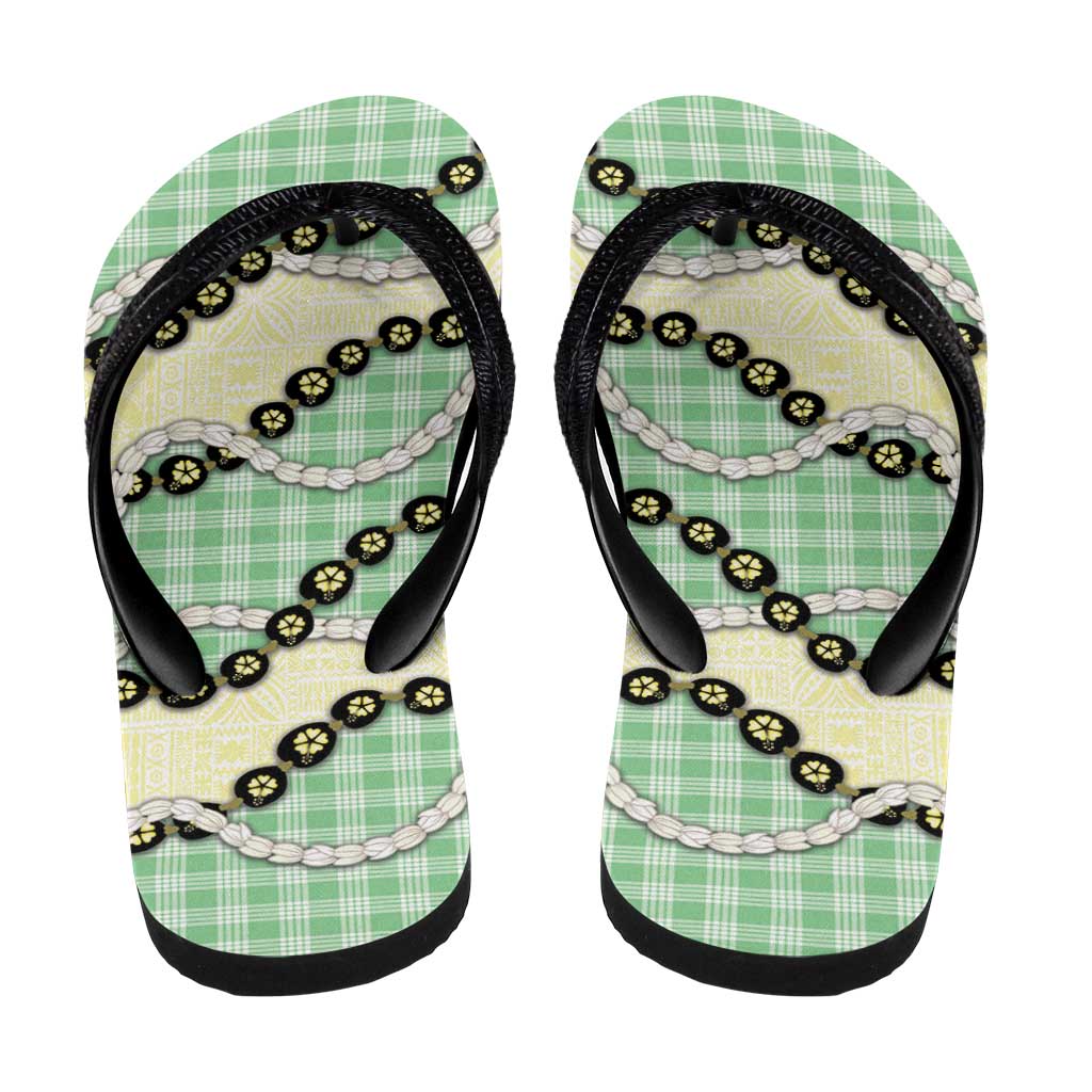 Green Palaka Hawaii Flip Flops Kukui Nut Pikake Lei Hawaiian Tapa Pattern - Polynesian Pride