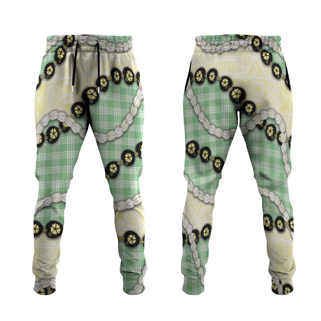 Green Palaka Hawaii Jogger Pants Kukui Nut Pikake Lei Hawaiian Tapa Pattern - Polynesian Pride