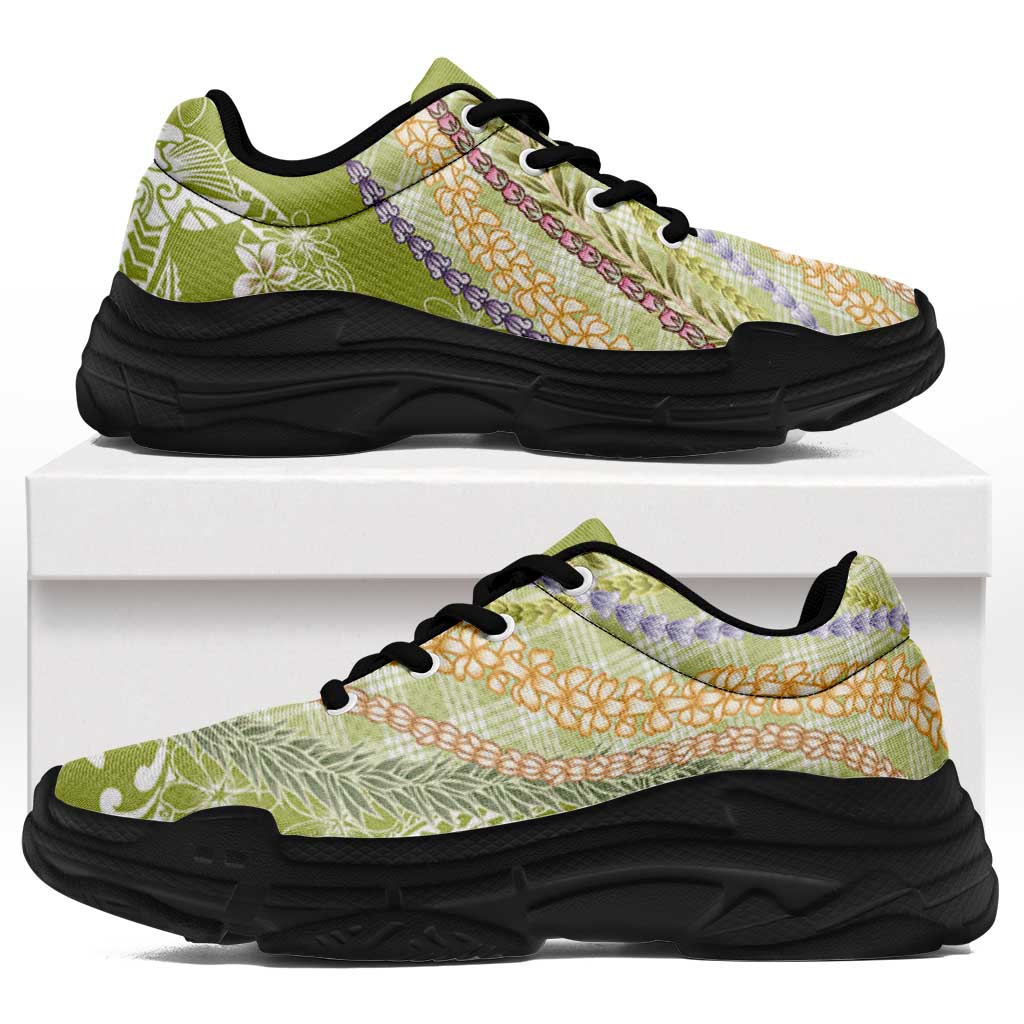 Green Palaka Hawaii Leis Chunky Sneakers Hawaiian-plaid Elegant Tropical Vibes