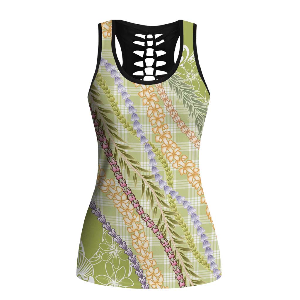 Green Palaka Hawaii Leis Hollow Tank Top Hawaiian-plaid Elegant Tropical Vibes - Polynesian Pride