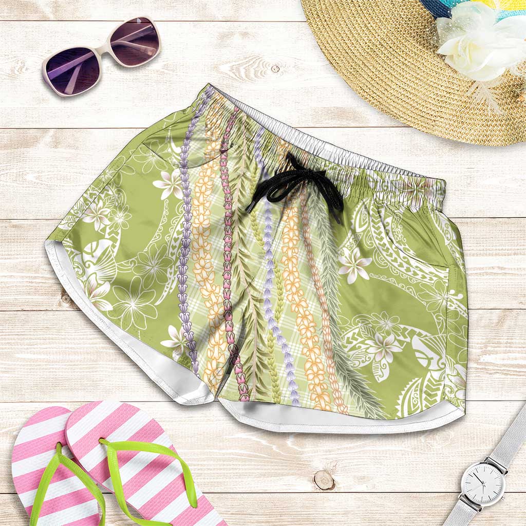 Green Palaka Hawaii Leis Shorts for Women Hawaiian-plaid Elegant Tropical Vibes - Polynesian Pride