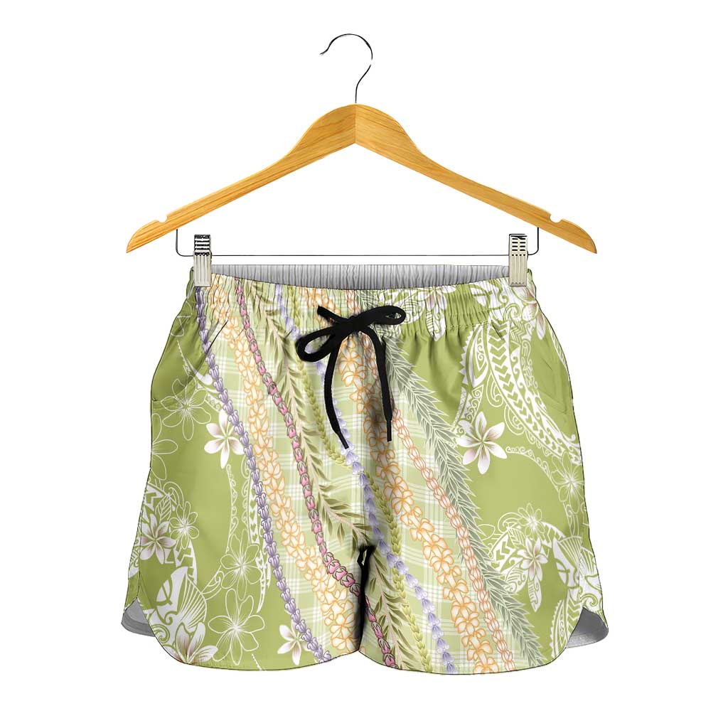 Green Palaka Hawaii Leis Shorts for Women Hawaiian-plaid Elegant Tropical Vibes - Polynesian Pride