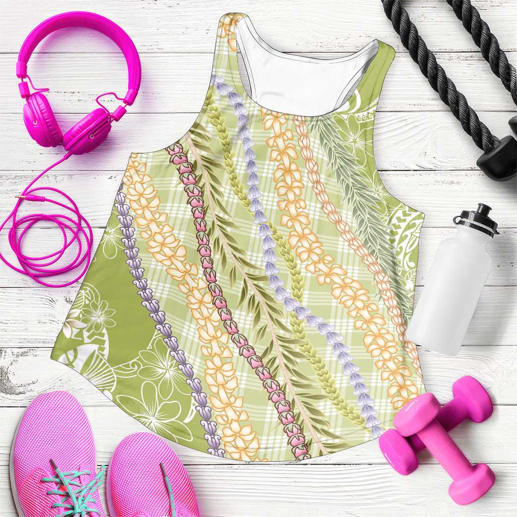 Green Palaka Hawaii Leis Women Racerback Tank Hawaiian-plaid Elegant Tropical Vibes - Polynesian Pride