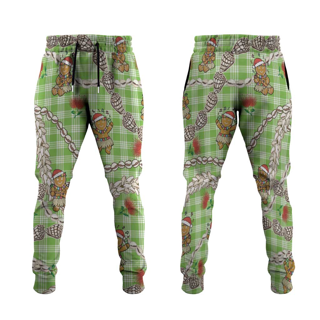 Green Palaka Hawaii Mele Kalikimaka Jogger Pants Ohia Lehua Shell Leis Funny Gingerbread Santa - Polynesian Pride