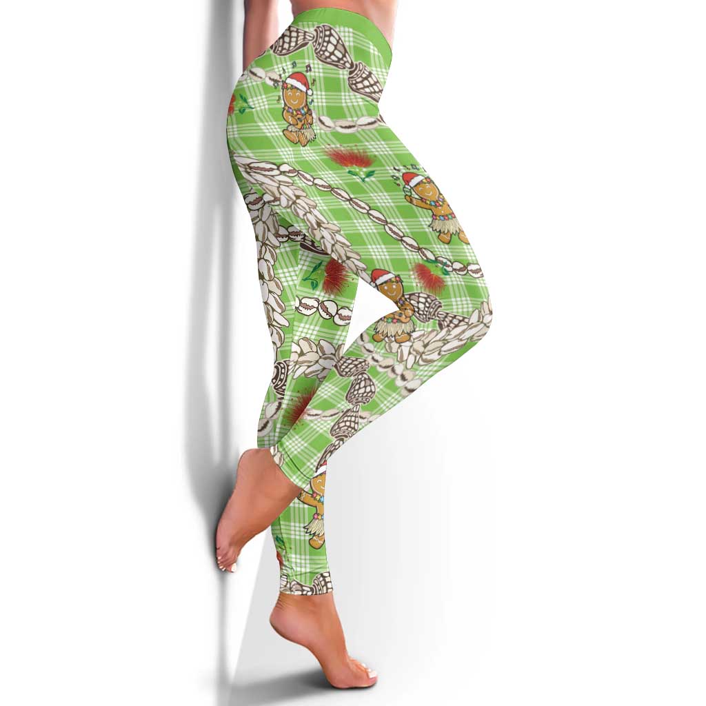 Green Palaka Hawaii Mele Kalikimaka Leggings Ohia Lehua Shell Leis Funny Gingerbread Santa - Polynesian Pride