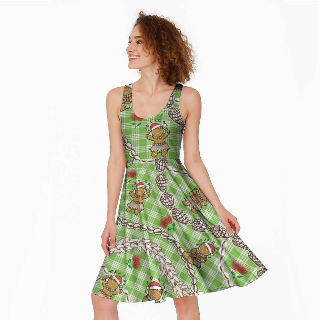 Green Palaka Hawaii Mele Kalikimaka Midi Dress Ohia Lehua Shell Leis Funny Gingerbread Santa - Polynesian Pride