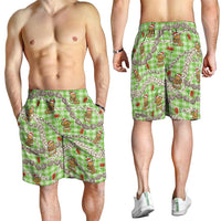 Green Palaka Hawaii Mele Kalikimaka Shorts for Men Ohia Lehua Shell Leis Funny Gingerbread Santa - Polynesian Pride