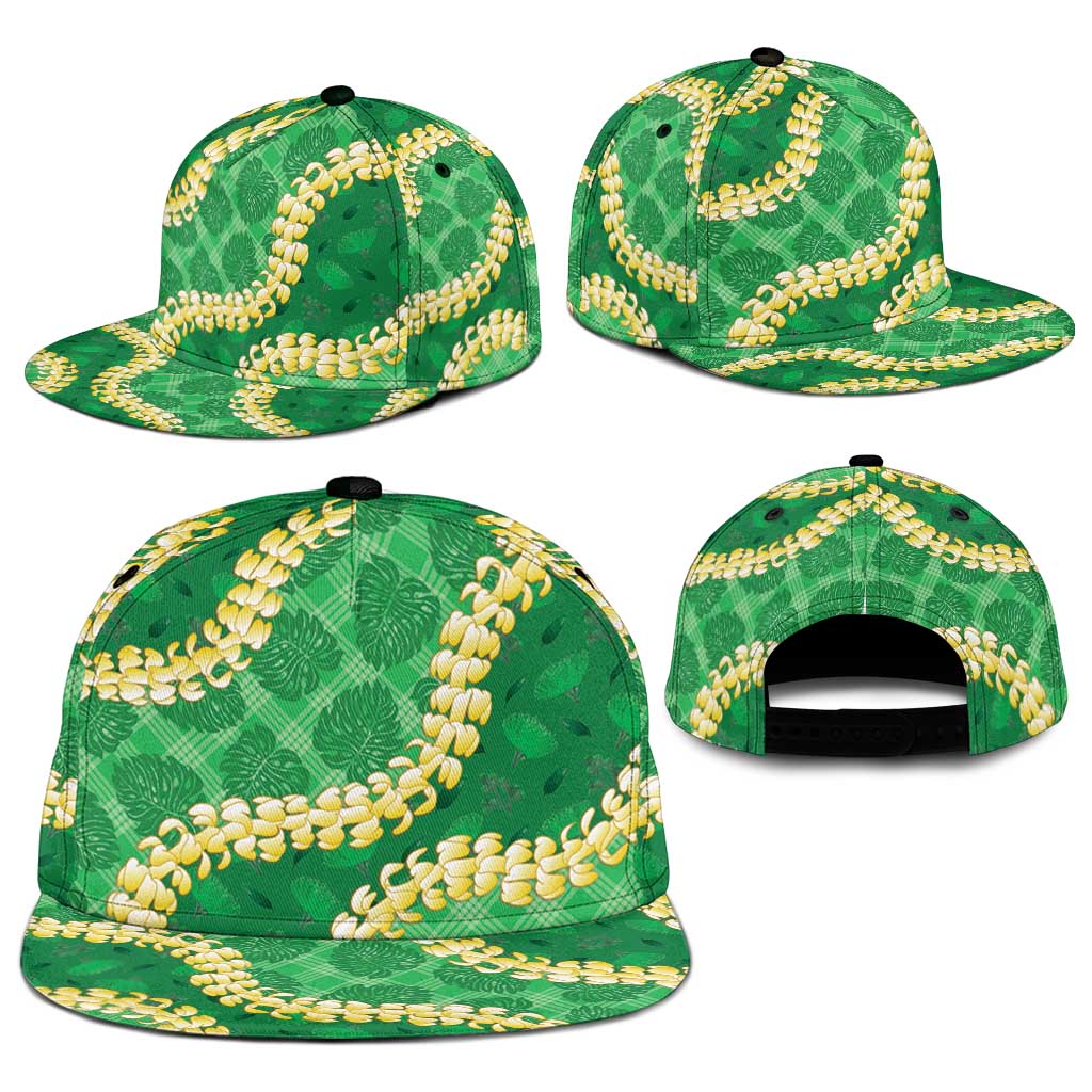 Green Palaka Hawaii Mele Kalikimaka Snapback Cap Ohia Lehua Monstera Puakenikeni Lei - Polynesian Pride