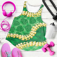 Green Palaka Hawaii Mele Kalikimaka Women Racerback Tank Ohia Lehua Monstera Puakenikeni Lei - Polynesian Pride
