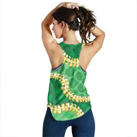 Green Palaka Hawaii Mele Kalikimaka Women Racerback Tank Ohia Lehua Monstera Puakenikeni Lei - Polynesian Pride