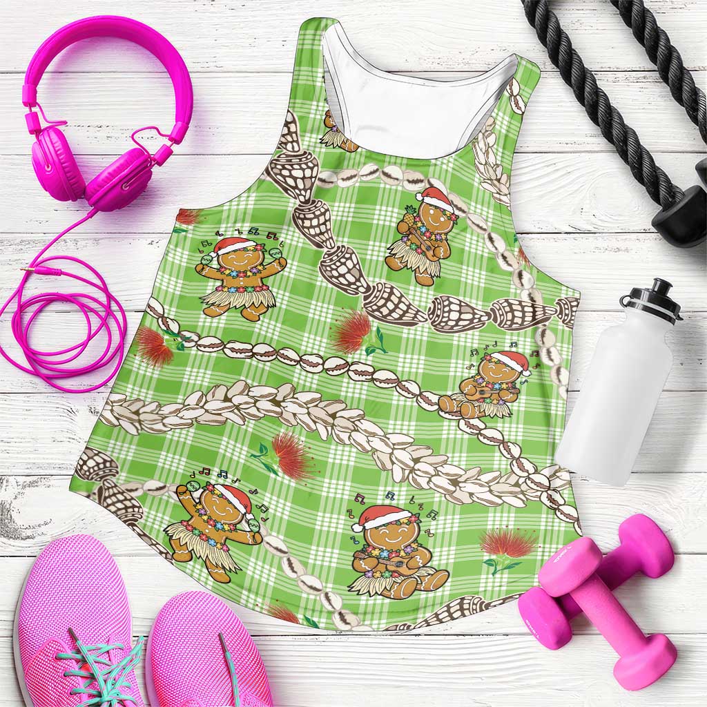 Green Palaka Hawaii Mele Kalikimaka Women Racerback Tank Ohia Lehua Shell Leis Funny Gingerbread Santa - Polynesian Pride