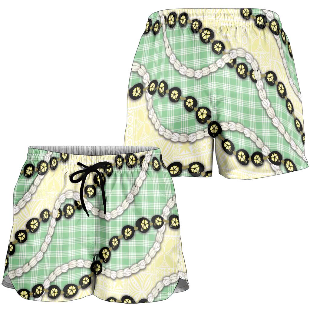 Green Palaka Hawaii Shorts for Women Kukui Nut Pikake Lei Hawaiian Tapa Pattern - Polynesian Pride