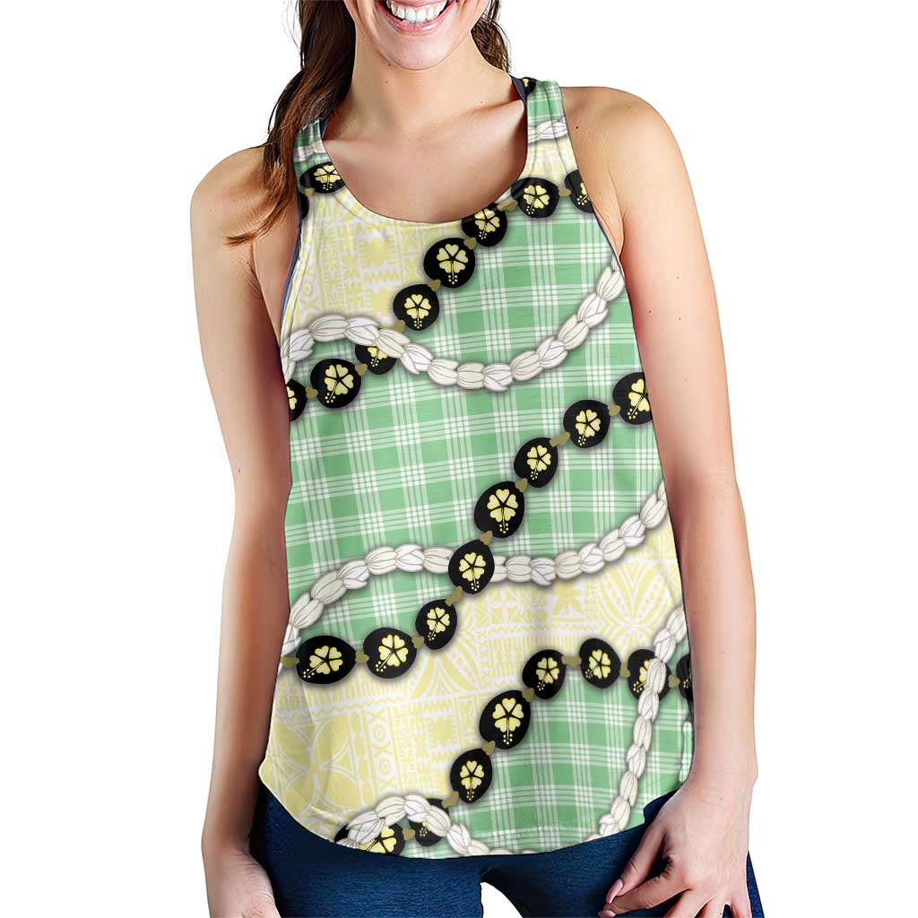 Green Palaka Hawaii Women Racerback Tank Kukui Nut Pikake Lei Hawaiian Tapa Pattern - Polynesian Pride