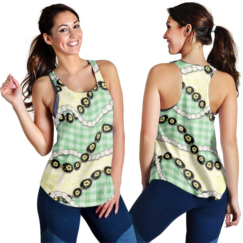 Green Palaka Hawaii Women Racerback Tank Kukui Nut Pikake Lei Hawaiian Tapa Pattern - Polynesian Pride
