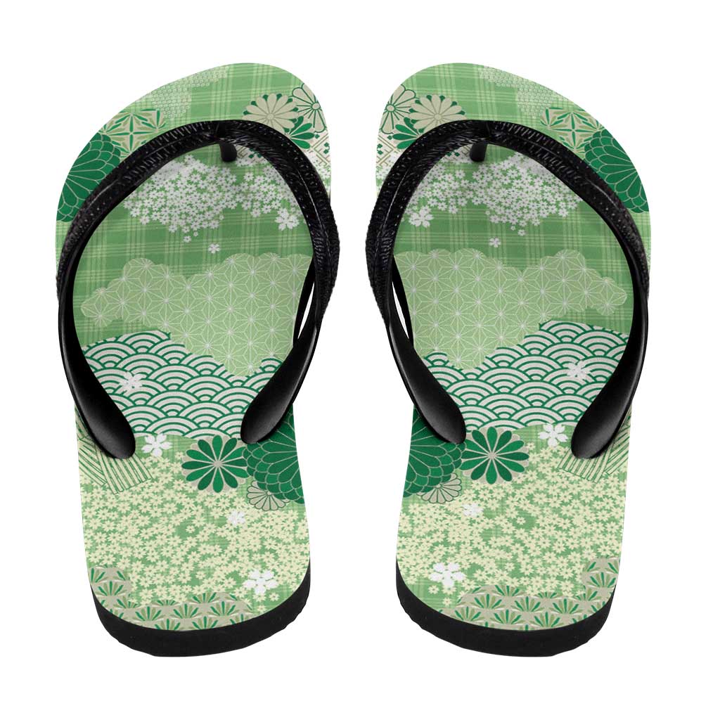 Green Palaka Japanese Traditional Flip Flops Asanoha Seigaiha Sakura Motif - Polynesian Pride