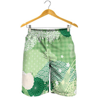 Green Palaka Japanese Traditional Shorts for Men Asanoha Seigaiha Sakura Motif - Polynesian Pride