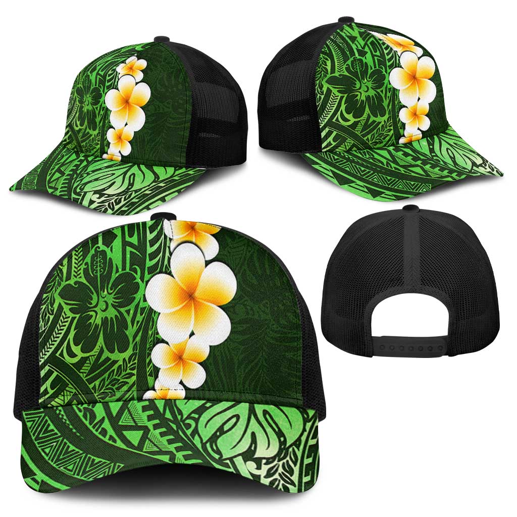Green Polynesia Baseball Net Cap Plumeria Tropical Leaves With Galaxy Polynesian Art - Polynesian Pride