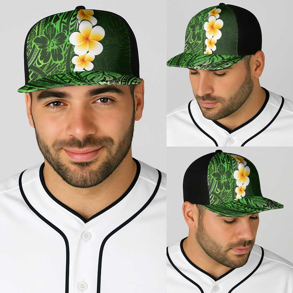 Green Polynesia Baseball Net Cap Plumeria Tropical Leaves With Galaxy Polynesian Art - Polynesian Pride