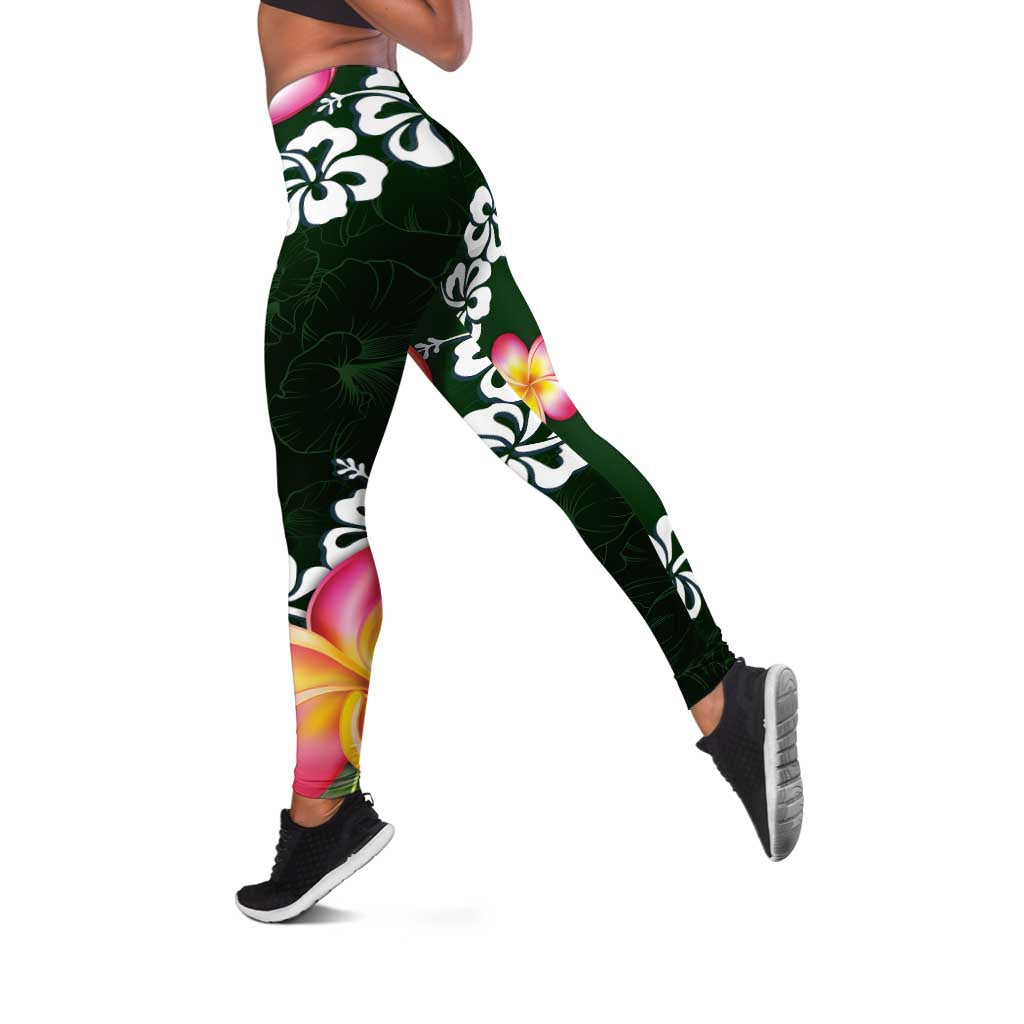 Green Polynesia Leggings Plumeria With Hibiscus Pattern Tropical Vibes - Polynesian Pride