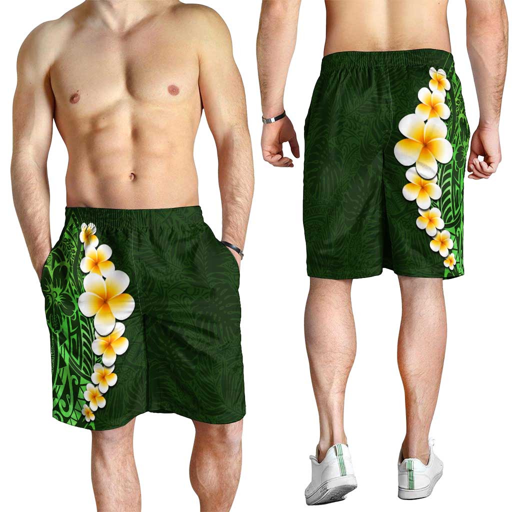 Green Polynesia Shorts for Men Plumeria Tropical Leaves With Galaxy Polynesian Art - Polynesian Pride