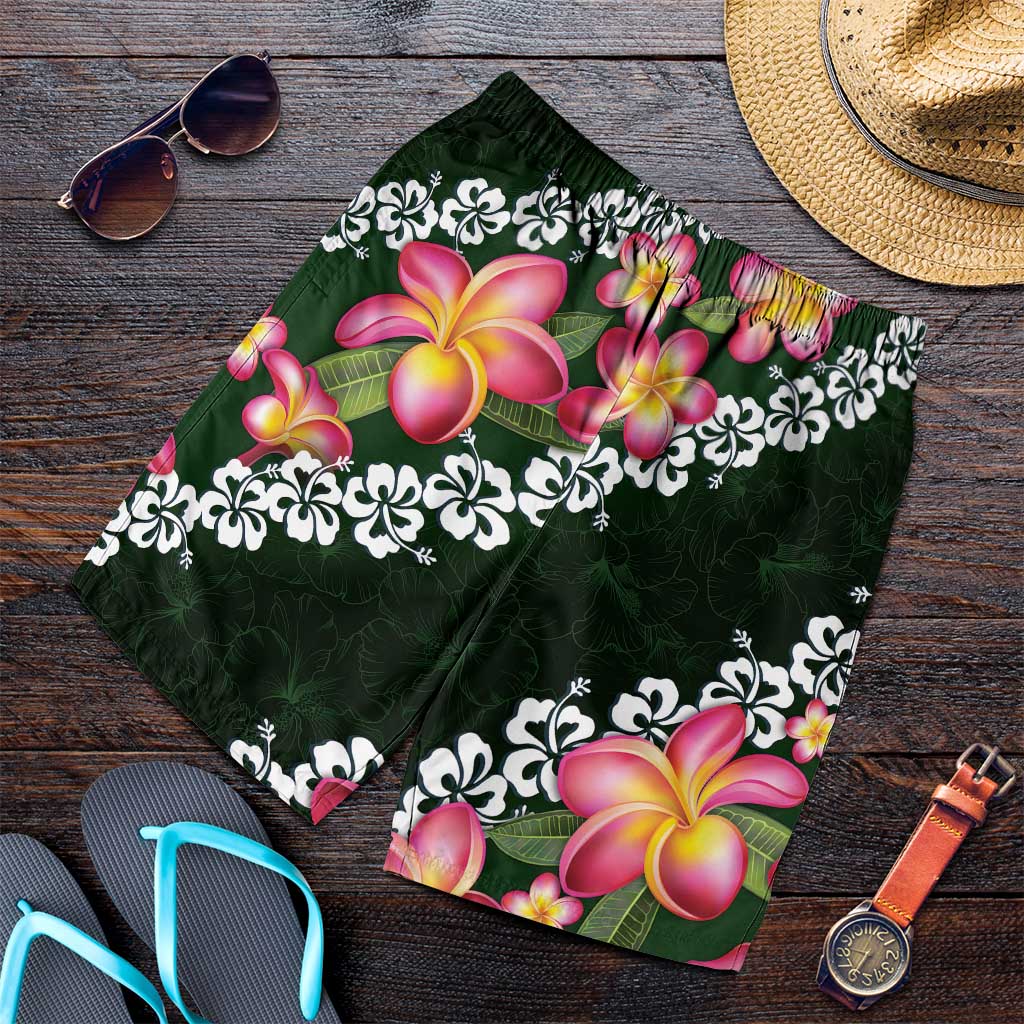 Green Polynesia Shorts for Men Plumeria With Hibiscus Pattern Tropical Vibes - Polynesian Pride