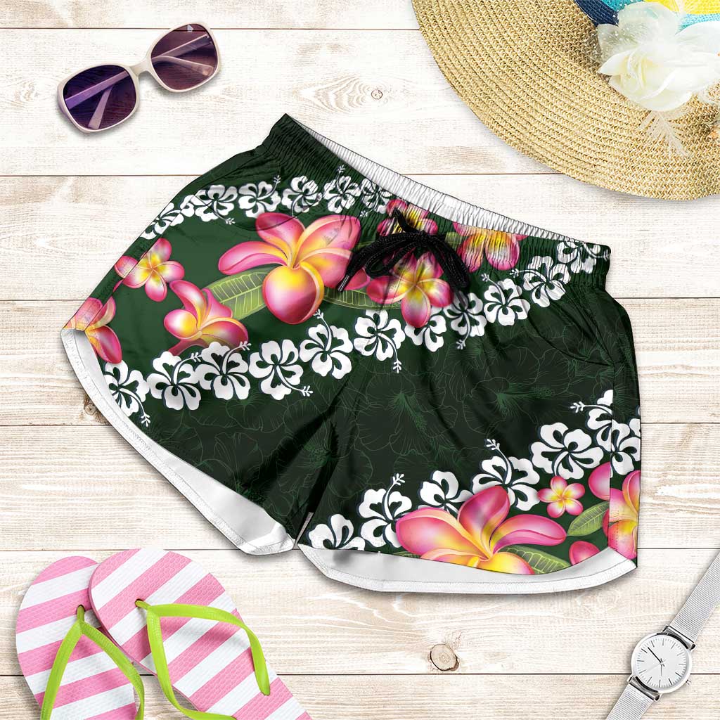 Green Polynesia Shorts for Women Plumeria With Hibiscus Pattern Tropical Vibes - Polynesian Pride
