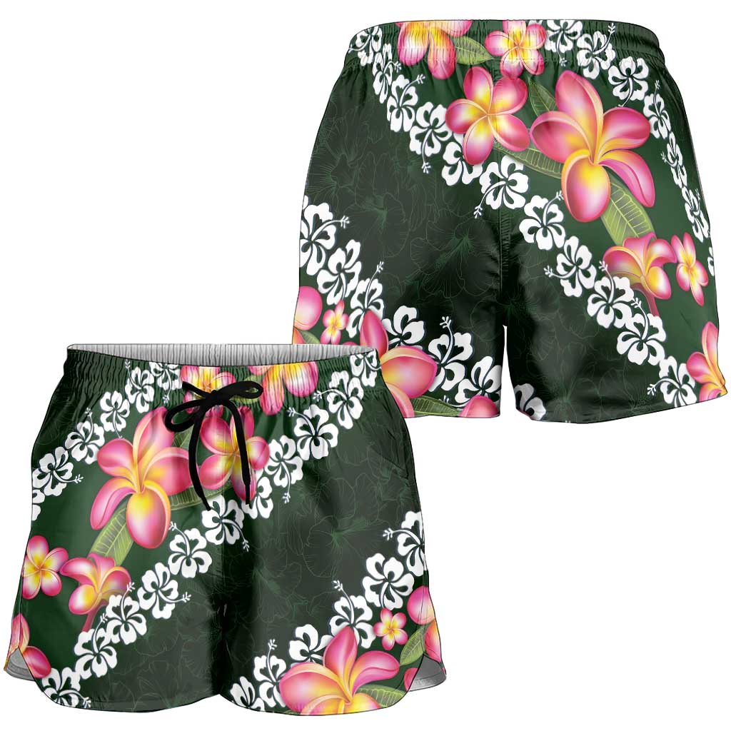 Green Polynesia Shorts for Women Plumeria With Hibiscus Pattern Tropical Vibes - Polynesian Pride
