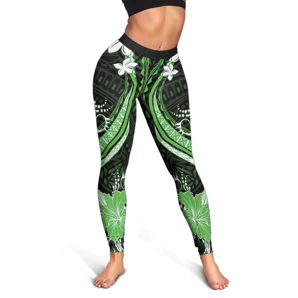 Green Polynesian Pattern With Tropical Flowers Leggings - Polynesian Pride